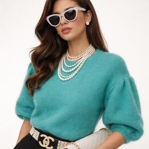 Banana Republic Alpaca Wool Sweater Teal Puff Sleeve Large